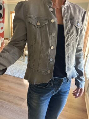 White House Black Market gray denim blazer. Ruffle hem. Size 6. Worn twice.